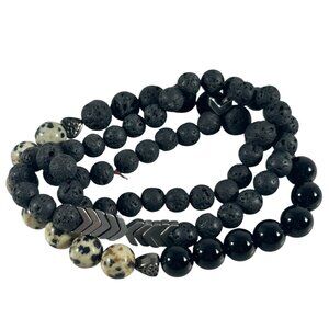 Lot 3 Black Lava Rock Dalmatian Jasper Stretch Bracelets Stack Unisex Minimalist